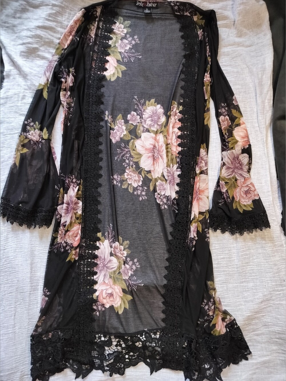 EUC Vintage Polly & Esther Pink Green Floral Lace-Trim Sheer Black Robe XL